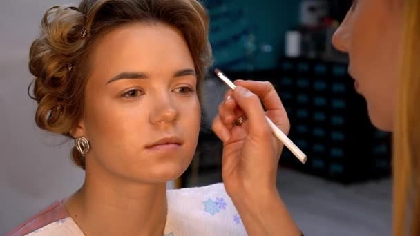 Augenbrauen-Make-up. Professionelle Visagistin bemalt Augenbrauen junger Frauen mit Pinsel. Nahaufnahme. — Stockvideo
