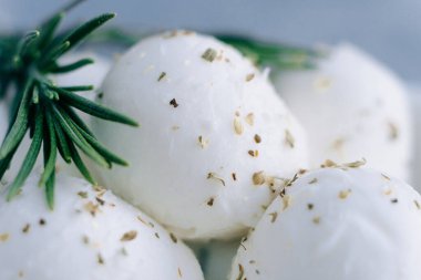 Taze İtalyan beyaz peyniri mozzarella bufalosu beyaz kâse içinde taze biberiye dalıyla servis edilir.