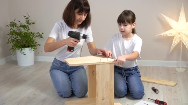 Bonne famille mère et fille assemblant des meubles en bois avec tournevis. Concept de bricolage — Video
