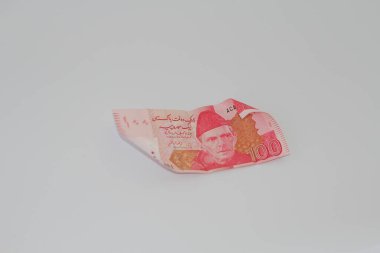 Pakistan para birimi notu beyaz arka planda 100 rupi.