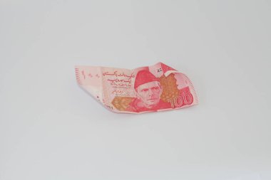 Pakistan para birimi notu beyaz arka planda 100 rupi.