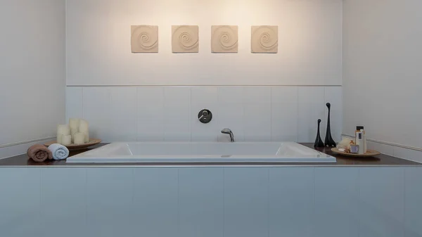 Bathtub Modern Bathroom Towels Candles Bath Accessories — Stok fotoğraf