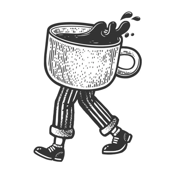Promenade espresso tasse de café croquis gravure vectorielle illustration. T-shirt imprimé design. Imitation de carte à gratter. Image dessinée à la main noir et blanc. — Image vectorielle
