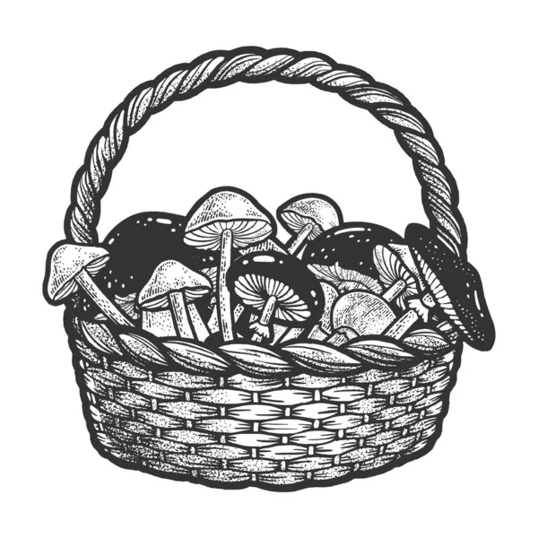 Basket Mushrooms Sketch Engraving Vector Illustration Shirt Apparel Print Design — Stock Vector