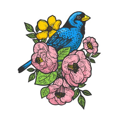 Çiçekler ve kuş dövmesi süslemesi renginde kabartma vektör çizimi. Tişört giysisi baskısı tasarımı. Çizik tahtası taklidi. Siyah beyaz el çizimi resim.