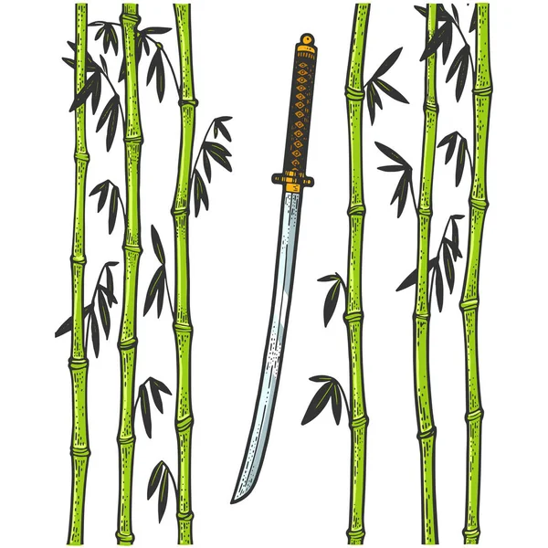 Katana espada e bambu cor esboço gravura vetor ilustração. T-shirt design de impressão de vestuário. Imitação de raspadinha. Imagem desenhada à mão preto e branco. — Vetor de Stock