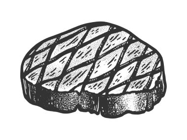 Izgara biftek çizimi, kabartma vektör çizimi. Tişört giysisi baskısı tasarımı. Çizik tahtası taklidi. Siyah beyaz el çizimi resim.