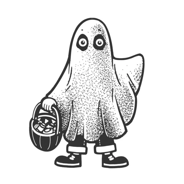 Niño en fantasma Halloween traje boceto grabado vector ilustración. Diseño de estampado de ropa de camiseta. Scratch board imitación. Imagen dibujada a mano en blanco y negro. — Vector de stock