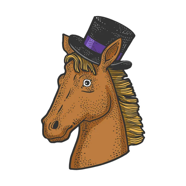 Cavalo no chapéu de cilindro cor esboço gravura vetor ilustração. T-shirt design de impressão de vestuário. Imitação de raspadinha. Imagem desenhada à mão preto e branco. — Vetor de Stock