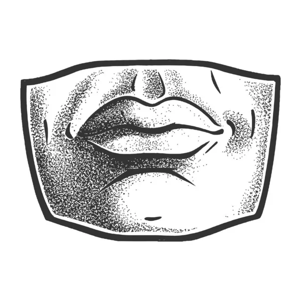 Yeso yeso fundido labios humanos boceto grabado vector ilustración. Diseño de estampado de ropa de camiseta. Scratch board imitación. Imagen dibujada a mano en blanco y negro. — Vector de stock