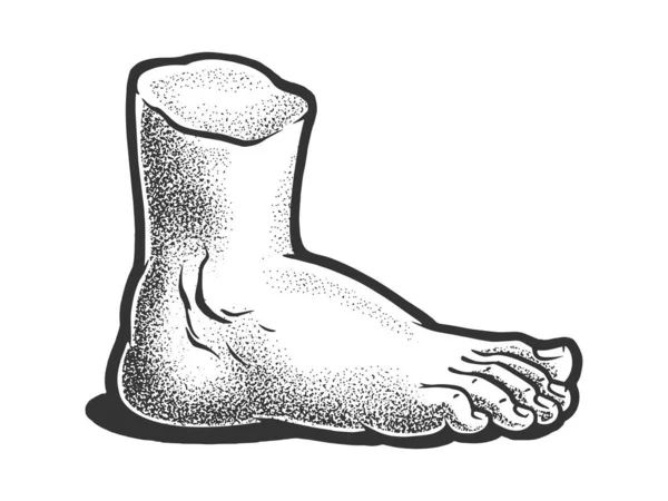 Gipsz vakolat öntött emberi láb vázlat metszet vektor illusztráció. Póló mintás ruha. Karcolódeszka utánzat. Fekete-fehér kézzel rajzolt kép. — Stock Vector