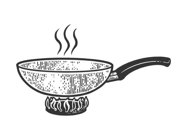 Frying pan on fire sketch engraving vector illustration. T-shirt apparel print design. Scratch board imitation. Black and white hand drawn image. — Stock Vector