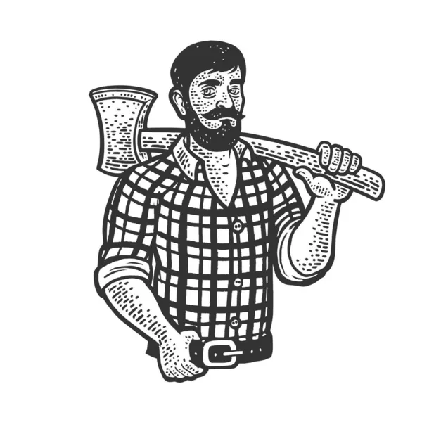 Holzfäller mit einer Axt Skizze Gravur Vektor Illustration. T-Shirt-Print-Design. Rubbelbrett-Imitat. Handgezeichnetes Schwarz-Weiß-Bild. — Stockvektor
