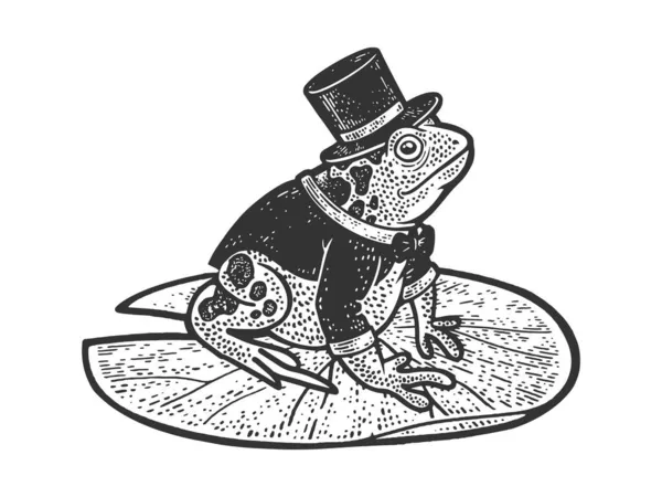 Dessin animé grenouille crapaud de fée en smoking et top hat croquis gravure vectorielle illustration. T-shirt imprimé design. Imitation de carte à gratter. Image dessinée à la main noir et blanc. — Image vectorielle