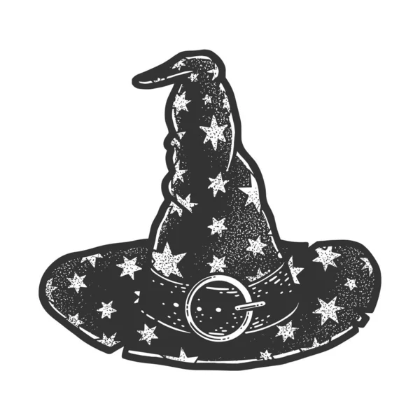 Chapeau d'assistant avec des étoiles croquis gravure vectorielle illustration. T-shirt imprimé design. Imitation de carte à gratter. Image dessinée à la main noir et blanc. — Image vectorielle