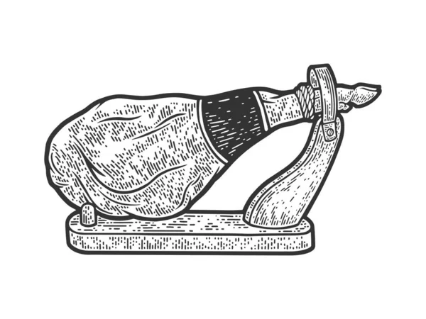 Jamon espanhol cozinha carne esboço gravura vetor ilustração. T-shirt design de impressão de vestuário. Imitação de raspadinha. Imagem desenhada à mão preto e branco. — Vetor de Stock