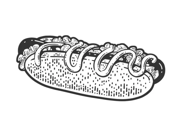 Hot dog kresba rytiny vektorové ilustrace. Design trička s potiskem. Stírací deska imitace. Černobílý ručně kreslený obrázek. — Stockový vektor