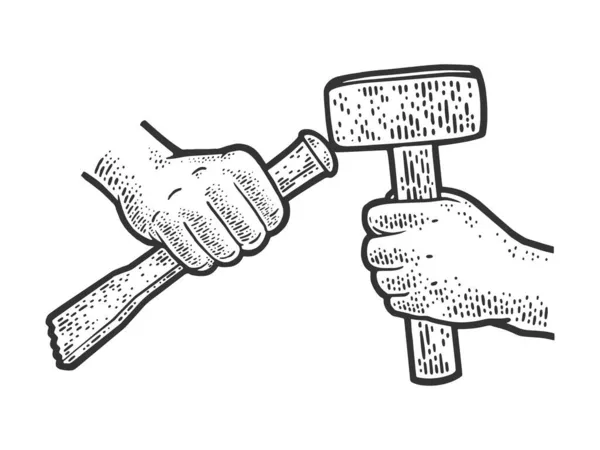 Bildhauer Hände mit Hammer und Meißel bei der Steinbearbeitung skizzieren Graviervektorillustration. T-Shirt-Print-Design. Rubbelbrett-Imitat. Handgezeichnetes Schwarz-Weiß-Bild. — Stockvektor
