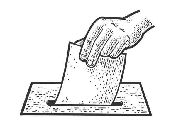 Mano lanza una papeleta de votación para las elecciones bosquejo grabado vector ilustración. Diseño de estampado de ropa de camiseta. Scratch board imitación. Imagen dibujada a mano en blanco y negro. — Vector de stock
