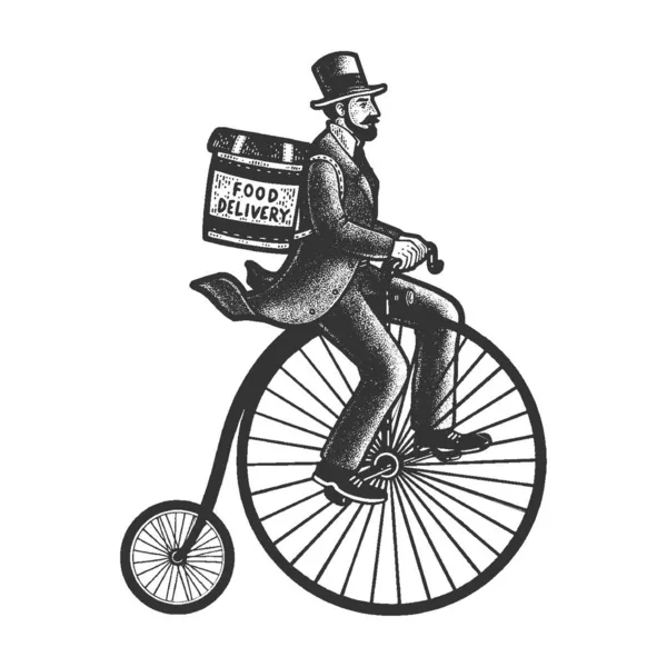 Vintage mat leverans man på hög hjul Penny farthing cykel skiss gravyr vektor illustration. T-shirt kläder tryck design. Skrapbrädesimitation. Svart och vit handritad bild. — Stock vektor