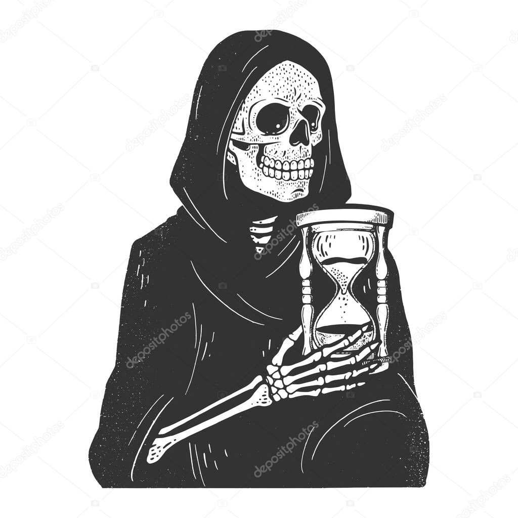 Grim Reaper death skeleton with hourglass sandglass sketch engraving vector illustration. T-shirt apparel print design. Scratch board imitation. Black and white hand drawn image.