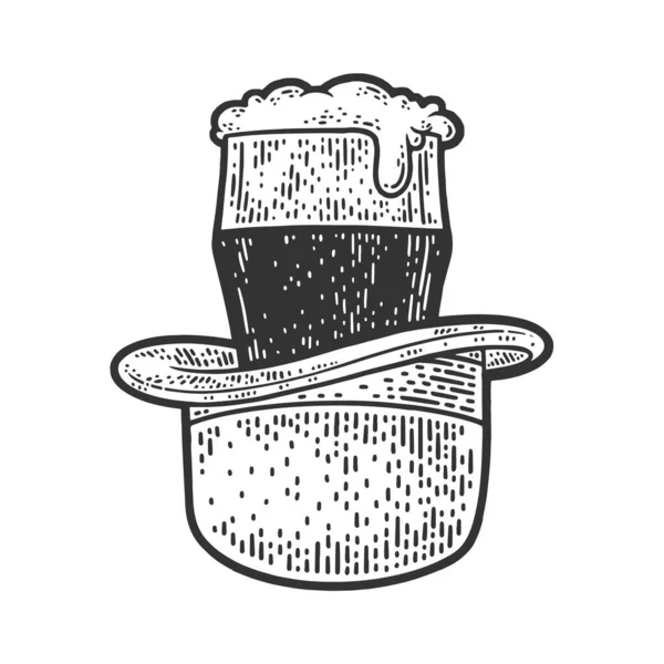 Cerveja em bowler chapéu esboço gravura vetor ilustração. T-shirt design de impressão de vestuário. Imitação de raspadinha. Imagem desenhada à mão preto e branco. — Vetor de Stock