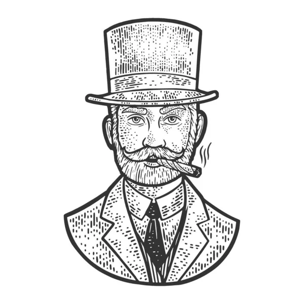 Silindir şapkalı ve puro çizimli beyefendi. Tişört giysisi baskısı tasarımı. Çizik tahtası taklidi. Siyah beyaz el çizimi resim. — Stok Vektör