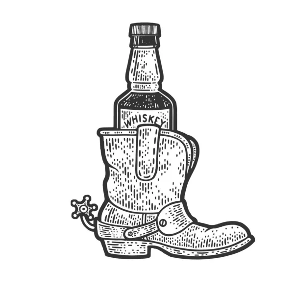 Whisky in disegno di avvio cowboy incisione vettoriale illustrazione. T-shirt abbigliamento design di stampa. Imitazione del gratta e Vinci. Immagine disegnata a mano in bianco e nero. — Vettoriale Stock