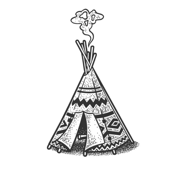 Wigwam cabana esboço gravura vetor ilustração. T-shirt design de impressão de vestuário. Imitação de raspadinha. Imagem desenhada à mão preto e branco. — Vetor de Stock