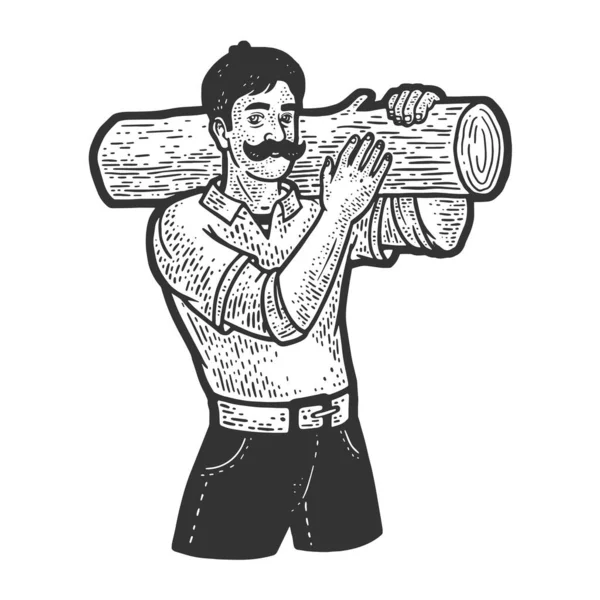 Lumberjack com og em seu ombro esboço gravura vetor ilustração. T-shirt design de impressão de vestuário. Imitação de raspadinha. Imagem desenhada à mão preto e branco. — Vetor de Stock