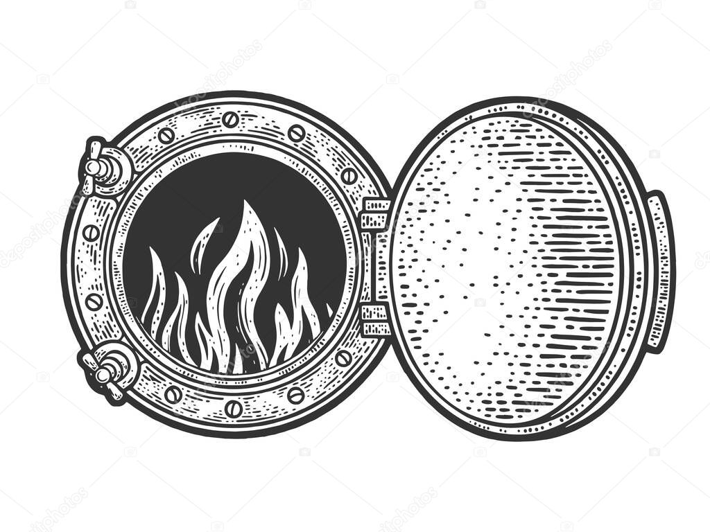 Train firebox with fire flame sketch engraving vector illustration. T-shirt apparel print design. Scratch board imitation. Black and white hand drawn image.