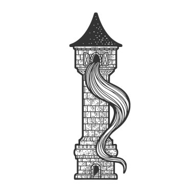 Rapunzel fairy tale long hair hanging from the tower sketch engraving vector illustration. T-shirt apparel print design. Scratch board imitation. Black and white hand drawn image. clipart