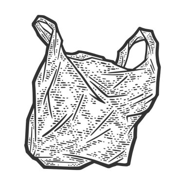 Plastik poşet çizimi, kabartma vektör çizimi. Tişört giysisi baskısı tasarımı. Çizik tahtası taklidi. Siyah beyaz el çizimi resim.