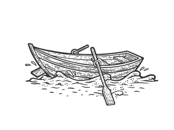 Barco de madeira em ondas de água esboço gravura vetor ilustração. T-shirt design de impressão de vestuário. Imitação de raspadinha. Imagem desenhada à mão preto e branco. —  Vetores de Stock