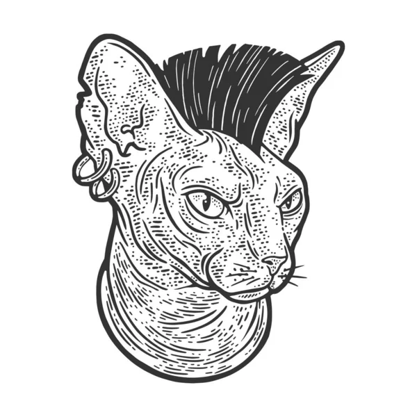 Sphynx Katze mit punk Mohawk Frisur Skizze Gravur Vektor Illustration. T-Shirt-Print-Design. Rubbelbrett-Imitat. Handgezeichnetes Schwarz-Weiß-Bild. — Stockvektor