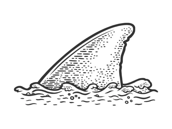 Aleta de tiburón sobre el agua boceto grabado vector ilustración. Diseño de estampado de ropa de camiseta. Scratch board imitación. Imagen dibujada a mano en blanco y negro. — Vector de stock