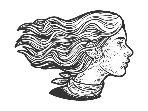 Γυναίκα με μακριά μαλλιά στο σκίτσο του ανέμου χάραξη διάνυσμα εικονογράφηση. Σχεδιασμός εκτύπωσης ρούχων T-shirt. Απομίμηση χαρτονιού. Ασπρόμαυρη ζωγραφισμένη στο χέρι εικόνα. — Διανυσματικό Αρχείο