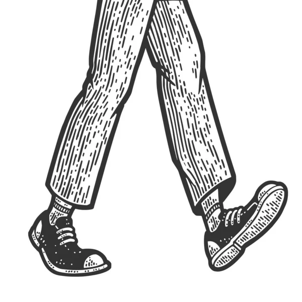 Caminhando pés esboço gravura vetor ilustração. T-shirt design de impressão de vestuário. Imitação de raspadinha. Imagem desenhada à mão preto e branco. —  Vetores de Stock