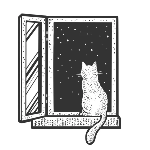 Gato en la ventana de la noche dibujo vector ilustración — Vector de stock