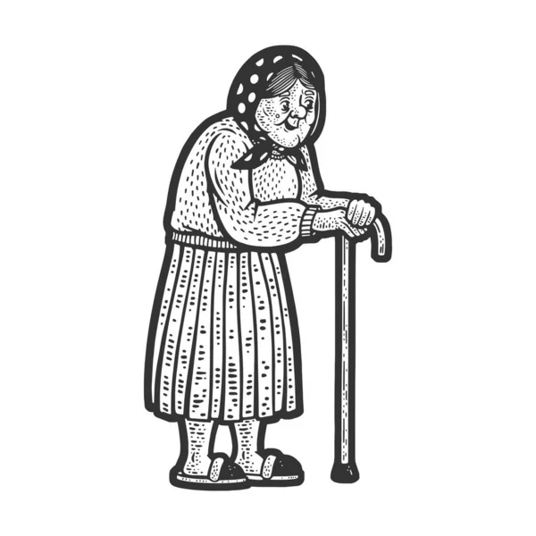 Παλιά γιαγιά με το περπάτημα ραβδί διάνυσμα σκίτσο — Διανυσματικό Αρχείο