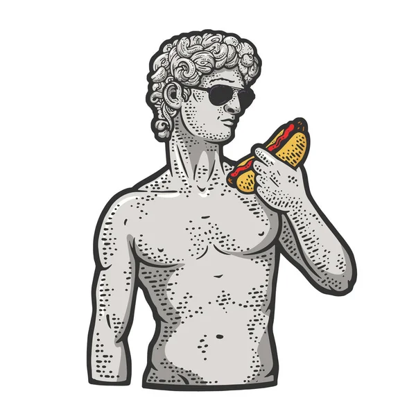 Standbeeld van David met hotdog kleur schets vector — Stockvector