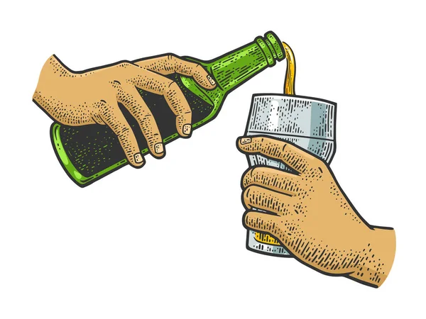 Χύνοντας μπύρα σε γυάλινο χρώμα διάνυσμα σκίτσο — Διανυσματικό Αρχείο