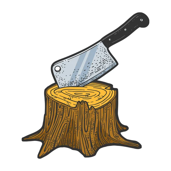 Cutelo de cozinha preso em árvore toco esboço vetor — Vetor de Stock