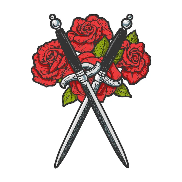 Stiletto a růže barva tetování skica vektor — Stockový vektor