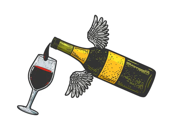 Fliegende Flasche gießt Wein in Glasfarbraster — Stockfoto