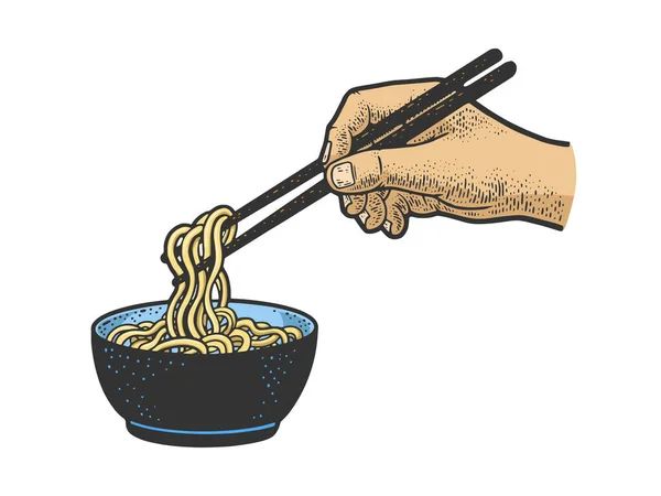 Κινέζικα νουντλς τρώγονται με ξυλάκια σκίτσο — Διανυσματικό Αρχείο