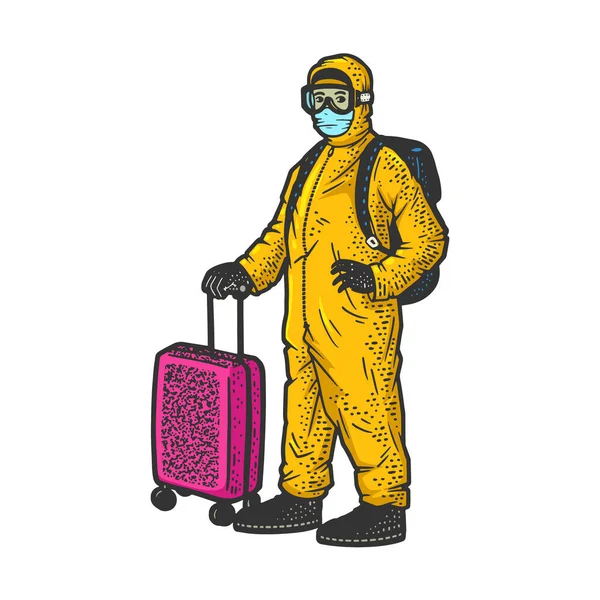 Tourist in protective medical suit color sketch — Stock Vector