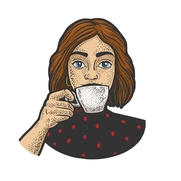 Κορίτσι πίνουν καφέ έγχρωμο σκίτσο διανυσματική απεικόνιση — Διανυσματικό Αρχείο