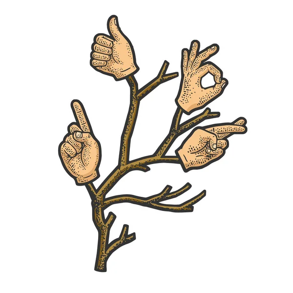 Рука жести гілки дерева кольоровий ескіз растровий — стокове фото