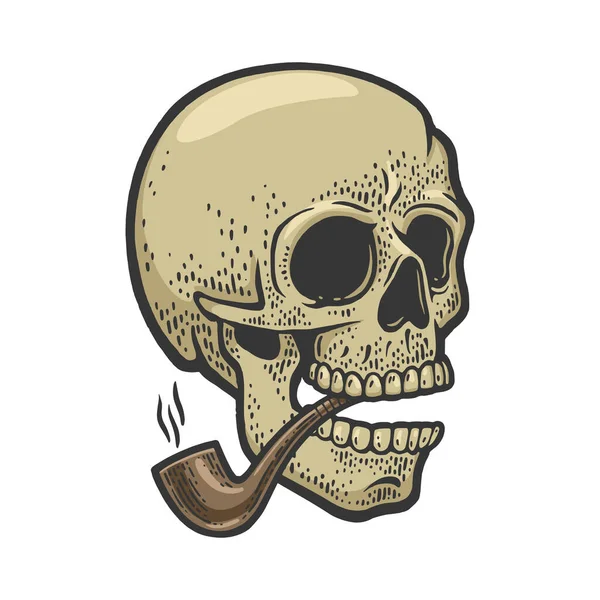 Human skull with smoking pipe color sketch vector — стоковый вектор